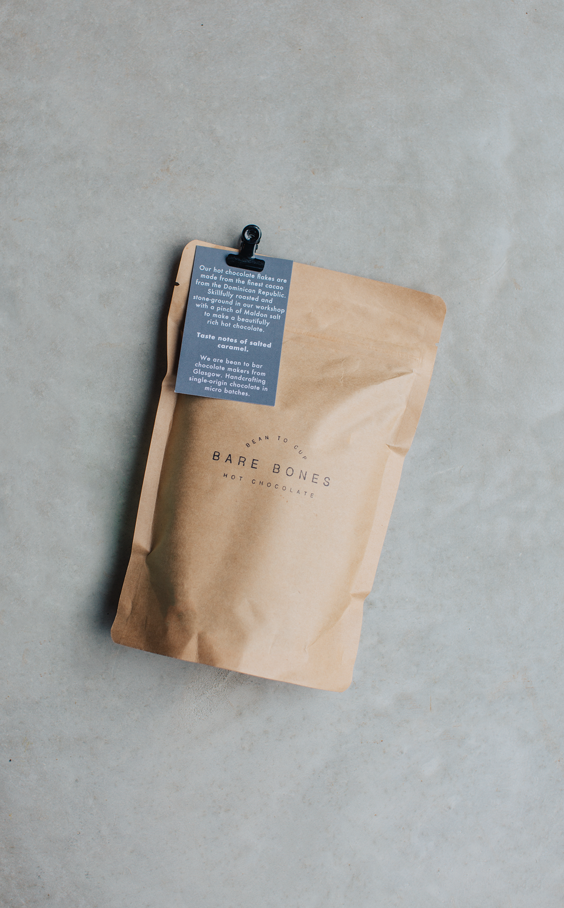 Bare Bones 68% Dominican single-origin hot chocolate flakes, bean to bar, Glasgow