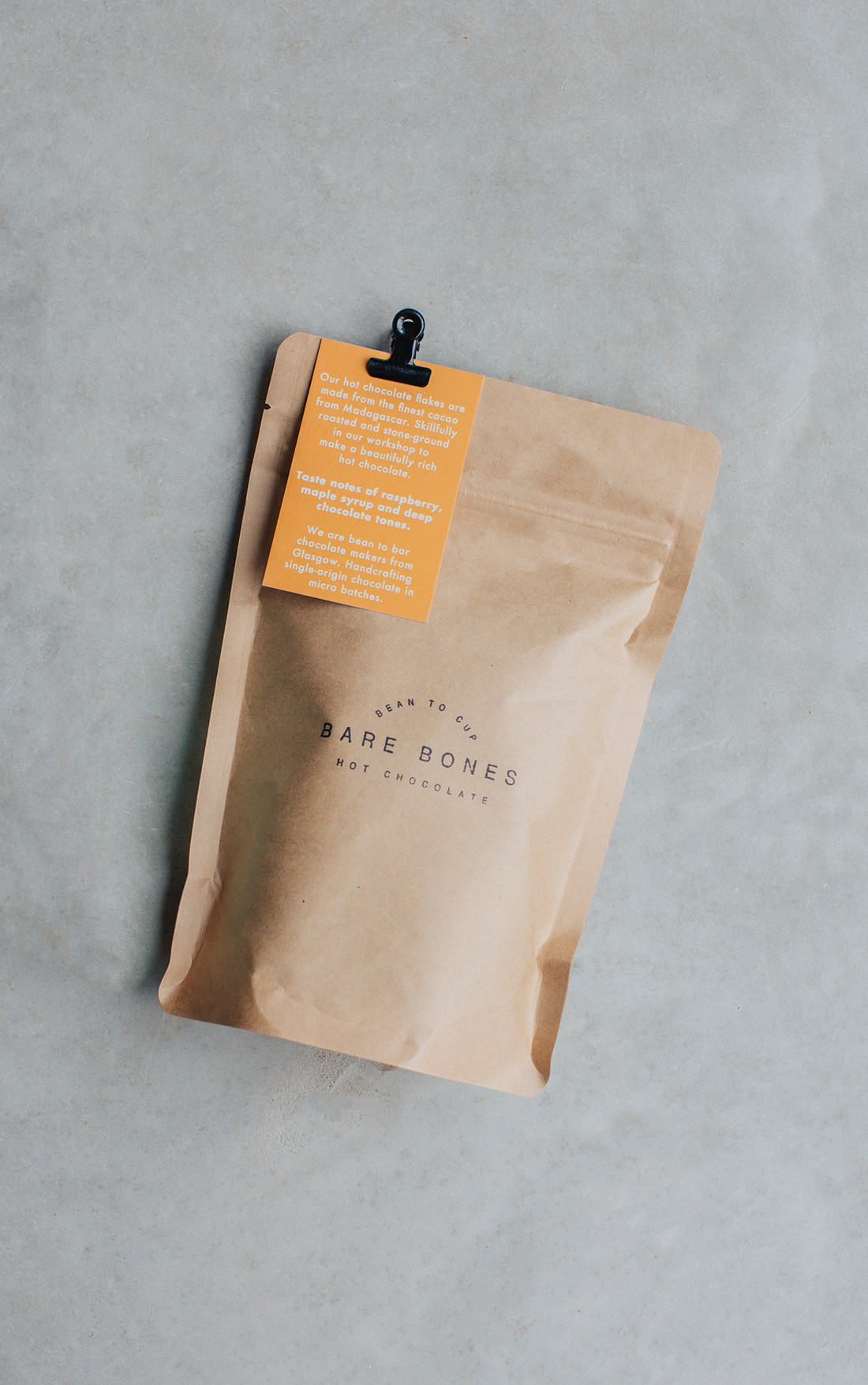 Bare Bones 70% Madagascan single-origin hot chocolate flakes, bean to bar, Glasgow
