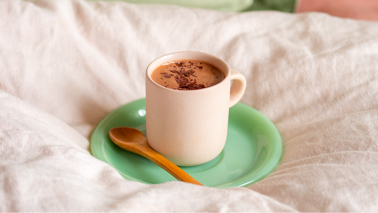 A cup of Bare Bones single origin drinking chocolate, handcrafted in Glasgow from bean to bar