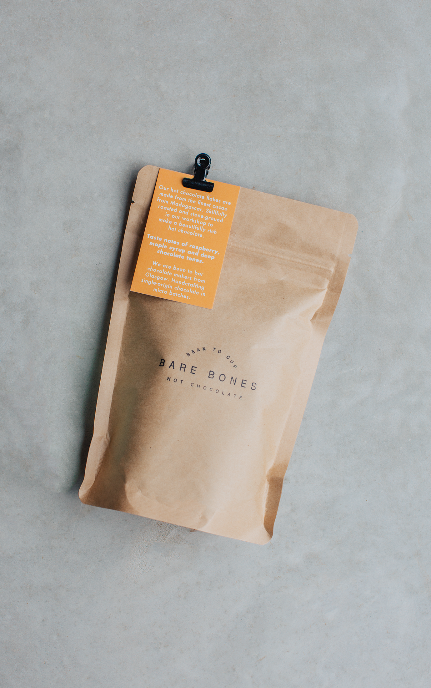 Bare Bones 70% Madagascan single-origin hot chocolate flakes, bean to bar, Glasgow
